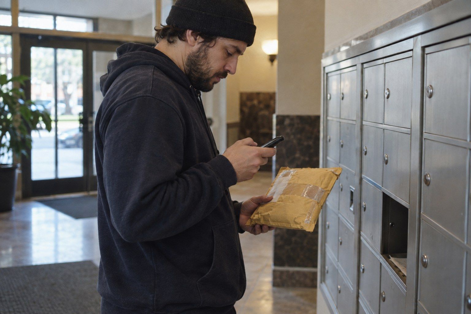 Hands holding an opened international parcel with small electronics accessories and cables