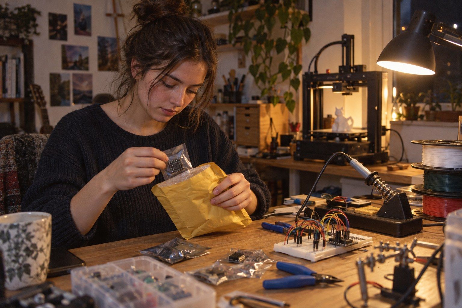 Person opening an international parcel at a table with cables and small electronics accessories inside