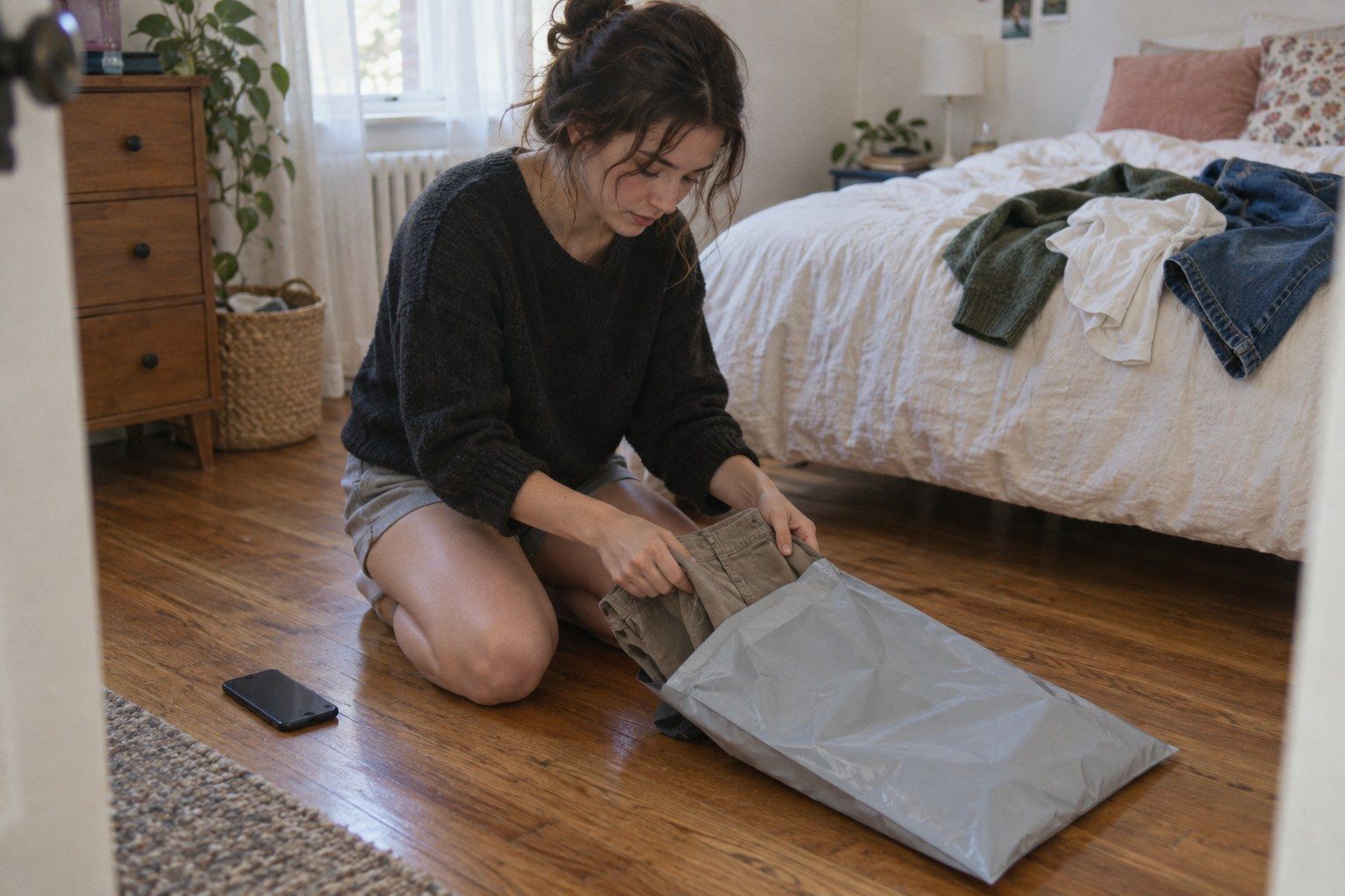Person at home trying on clothes from an online order in front of a mirror, with a parcel and returns bag nearby