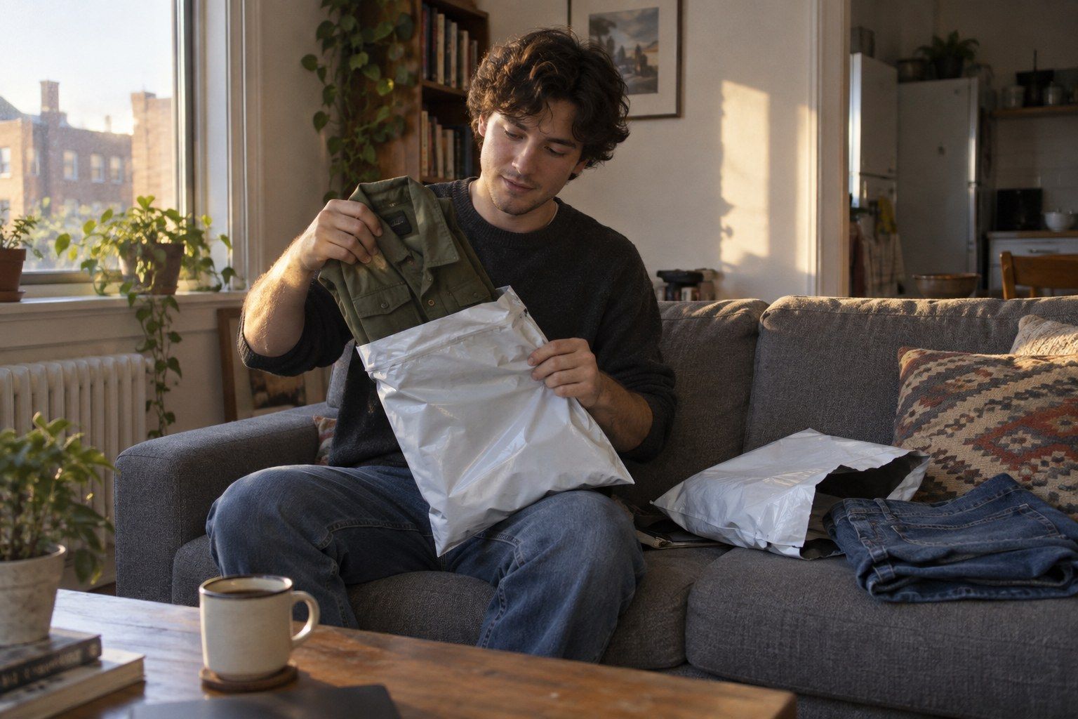 Young woman at home trying on a jacket from an online clothing order, with an opened parcel on the bed