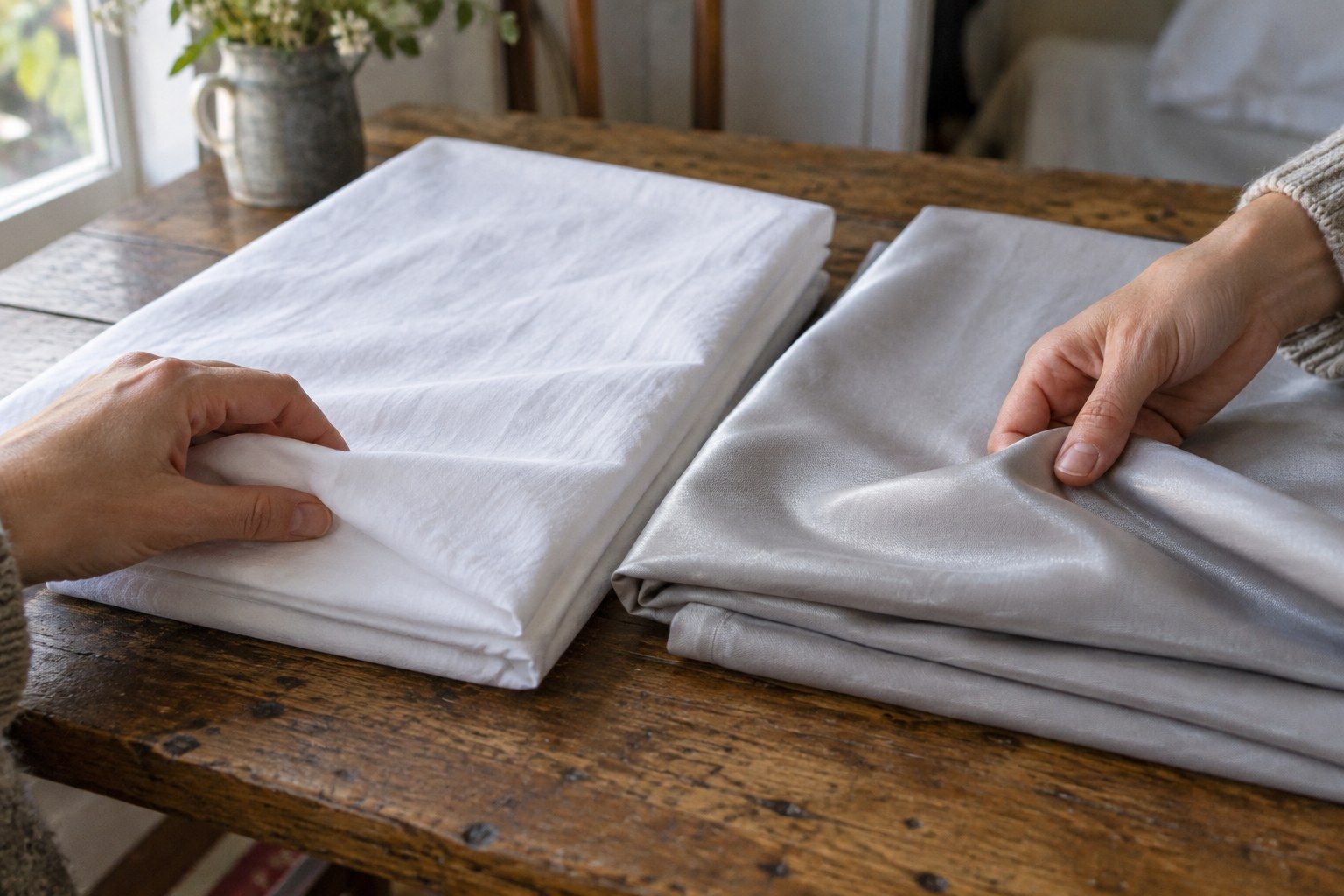 Close view of a made bed with linen and cotton sheets catching morning light