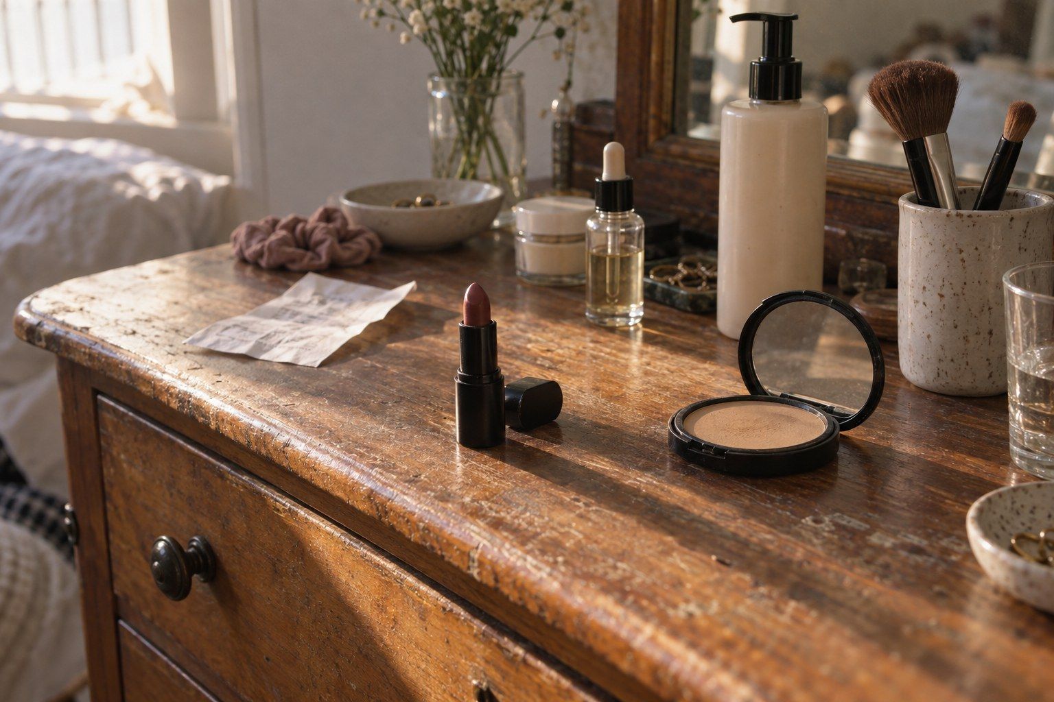 Wooden dresser with a lipstick, a powder compact, makeup brushes, a serum bottle and a receipt