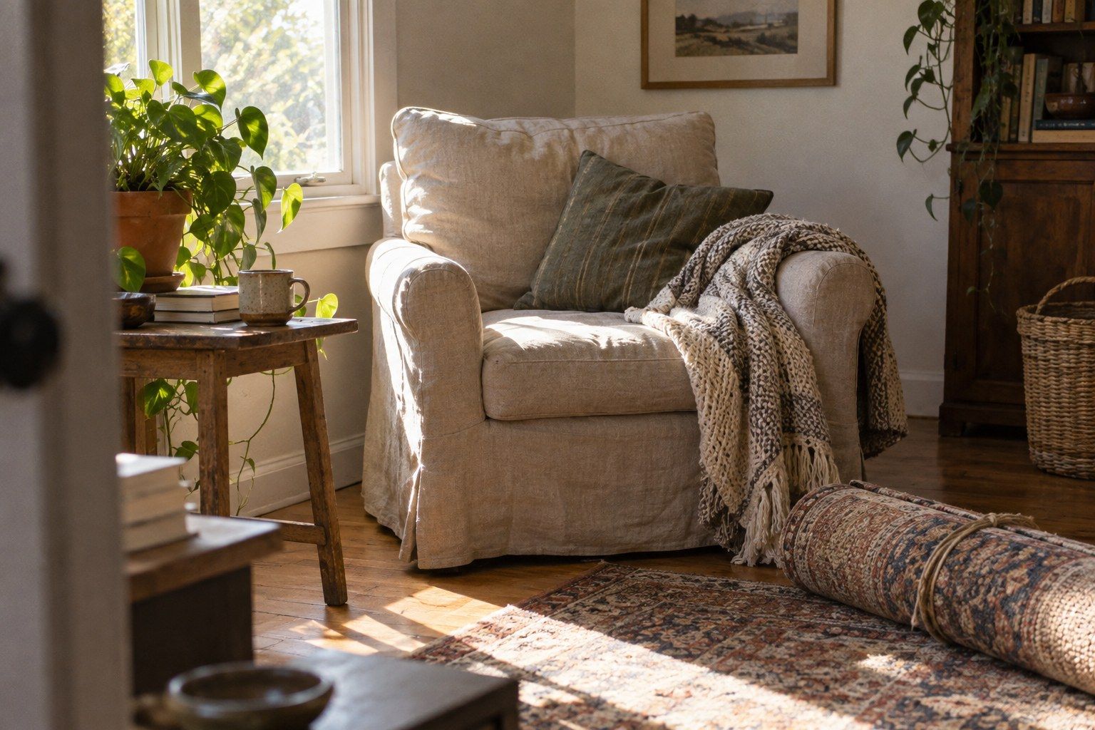 Sunny living room with a slipcovered armchair, a knit throw, a rolled rug and potted plants
