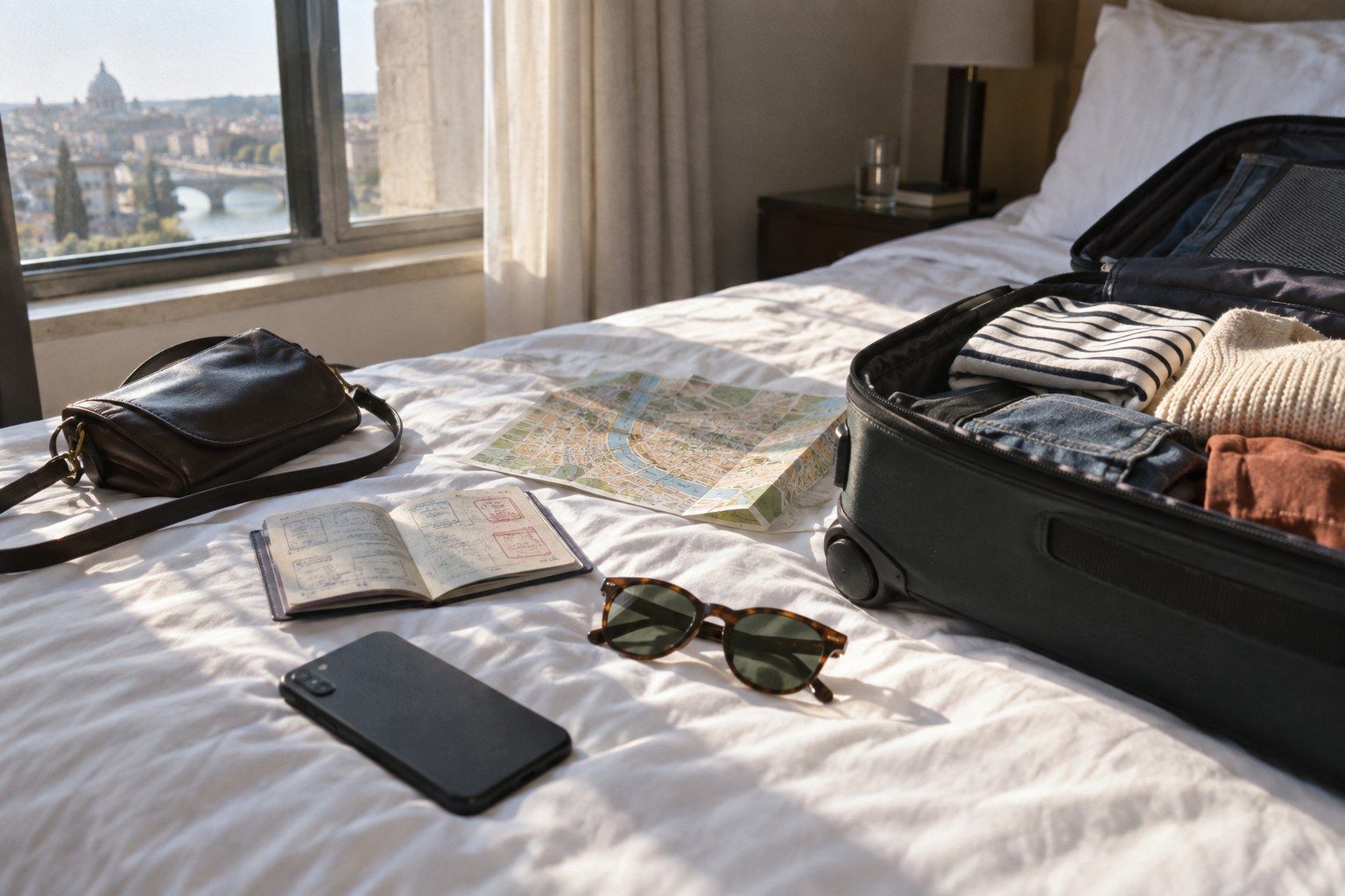 Open suitcase on a bed with a paper map, a passport, sunglasses and a phone, a city view through the window