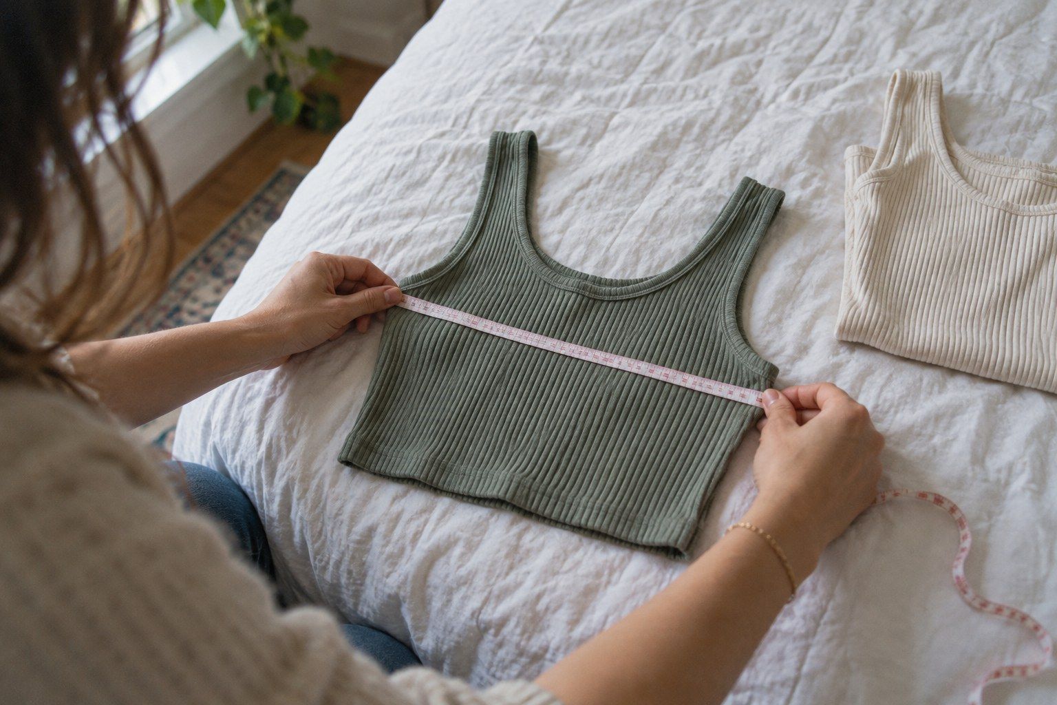 Young woman holding up two outfits at home while deciding what to keep