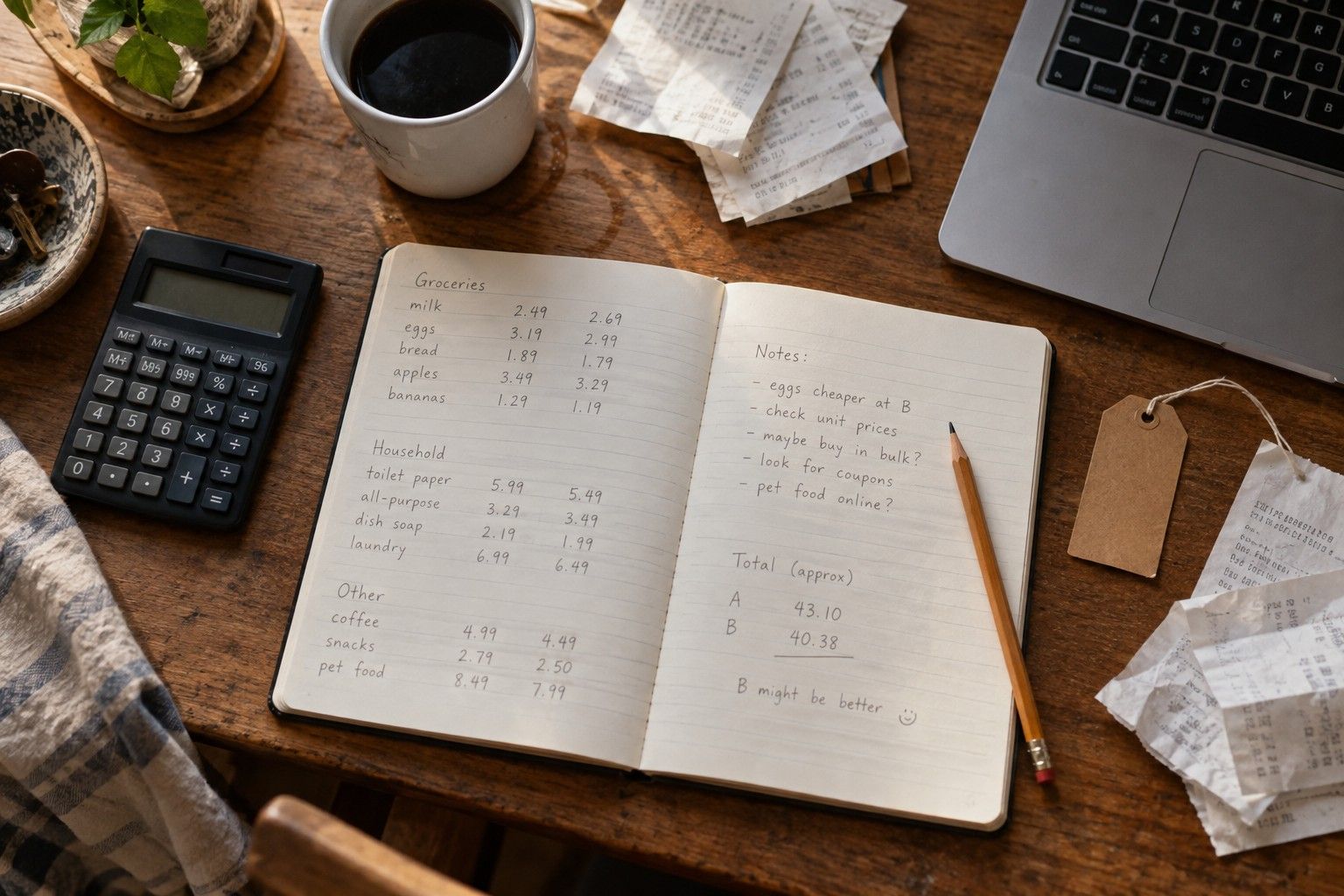 Notebook with handwritten price comparisons, a calculator and receipts on a desk