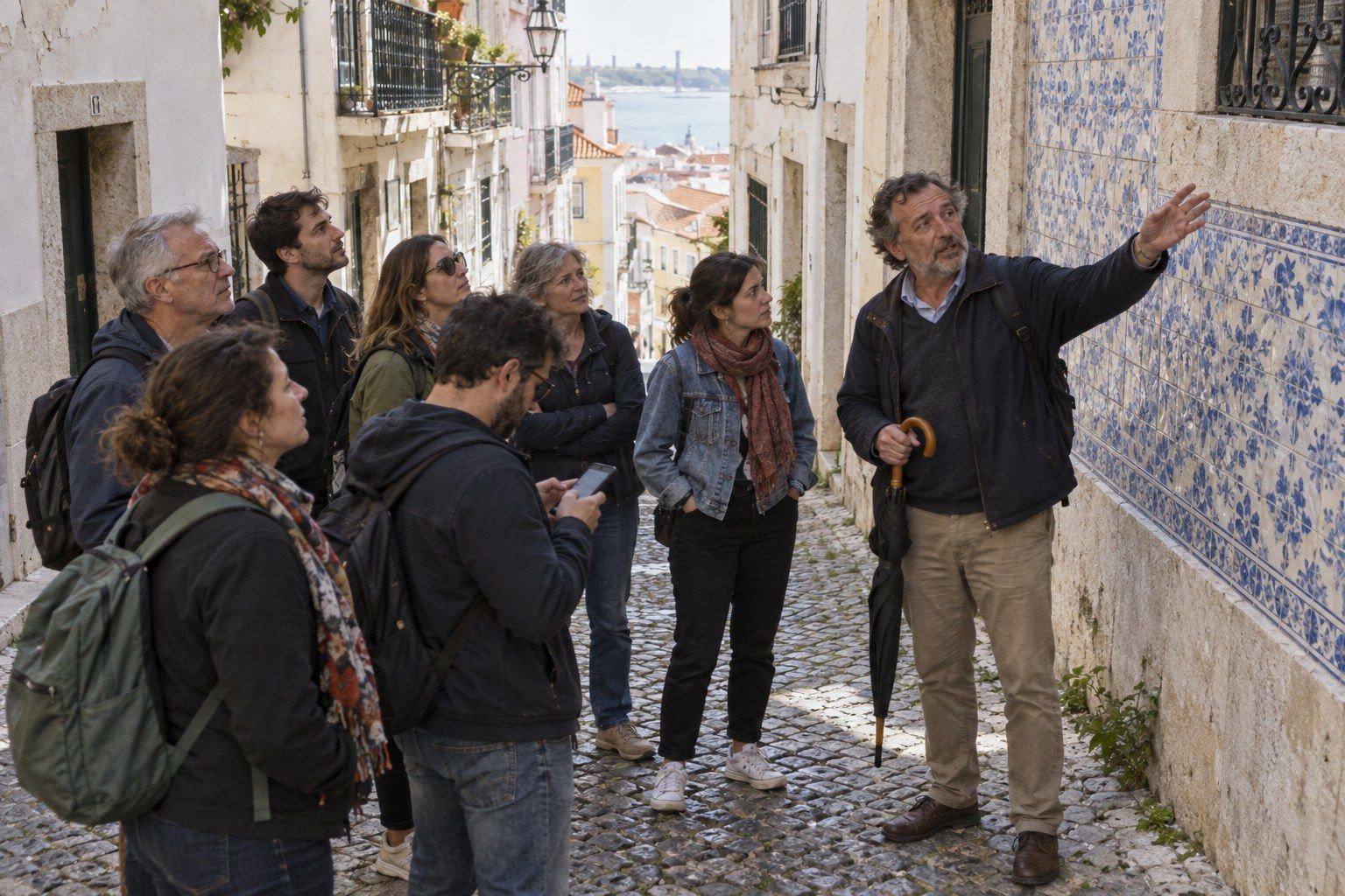 Tour guide talking to a small group on a cobbled street in a European old town