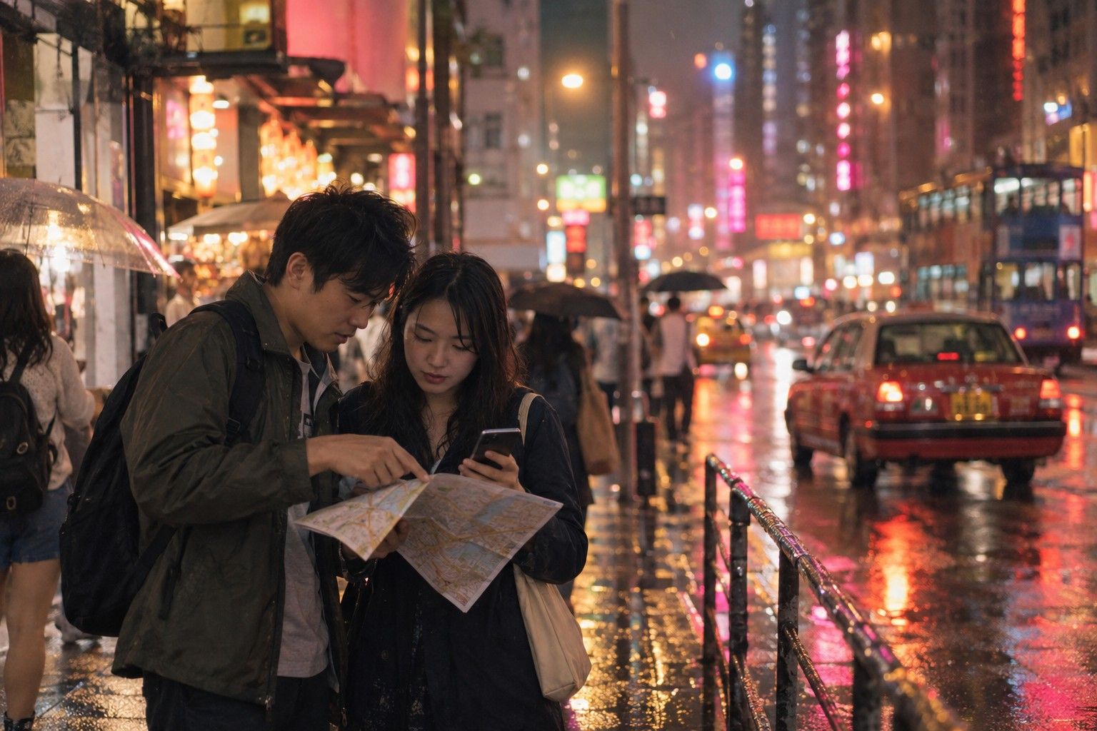 Couple reading a map on a rainy neon-lit street at night