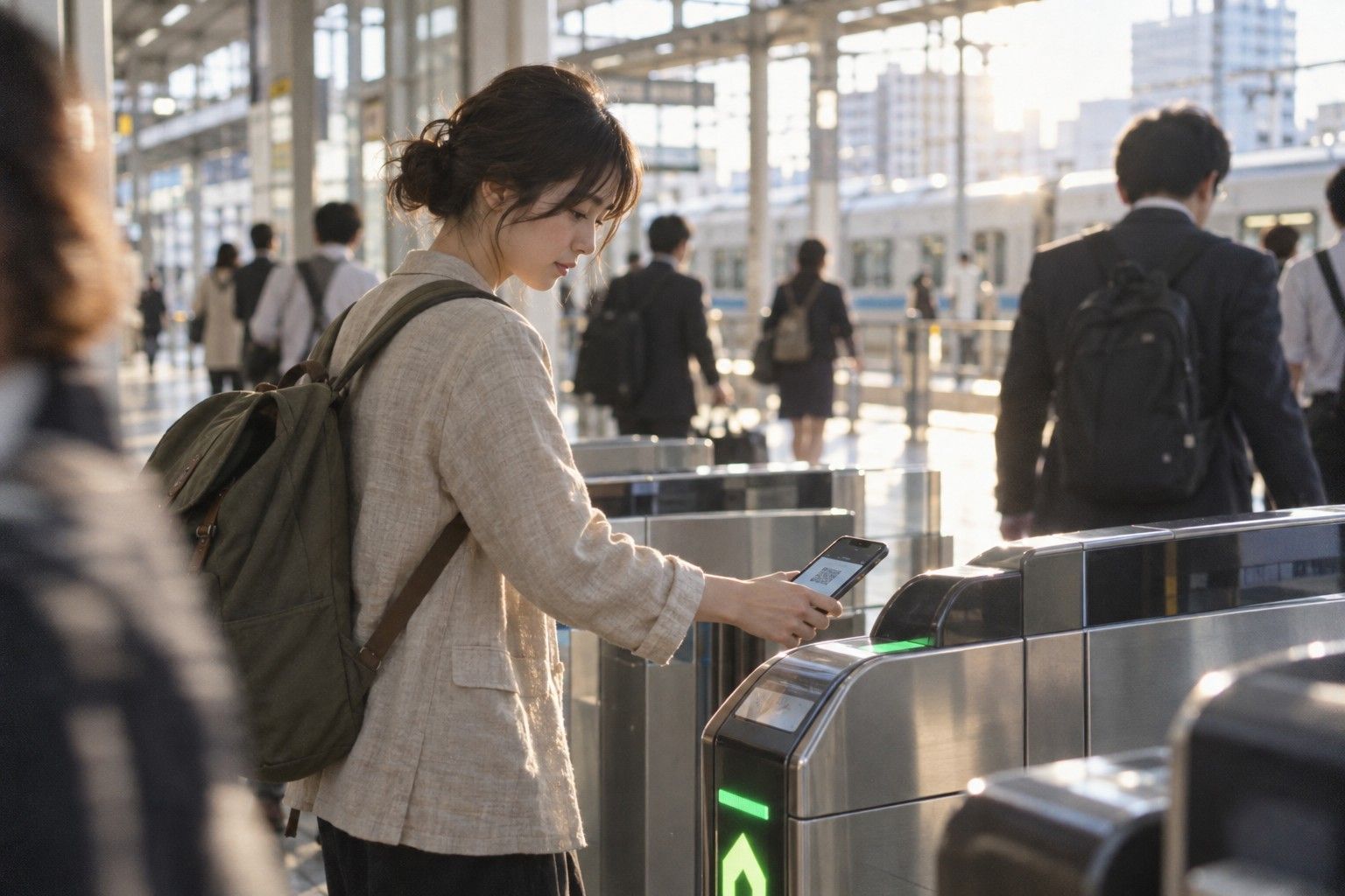 Traveler scanning a QR ticket on a phone at a Japanese station gate