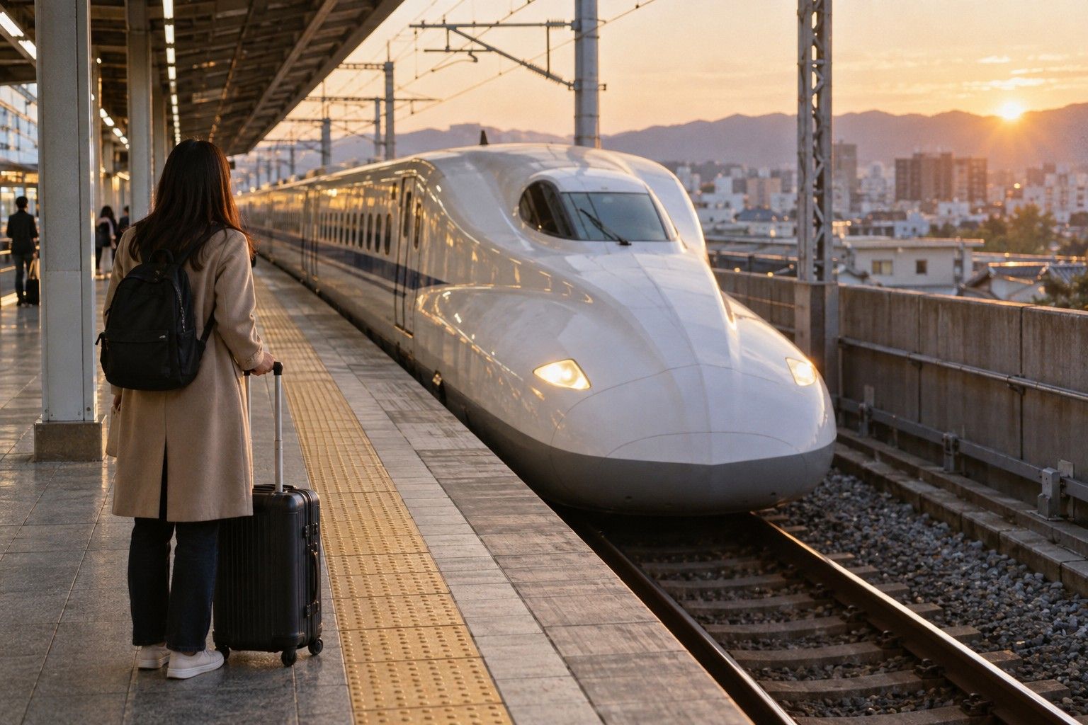 Traveler with a suitcase waiting as a bullet train arrives at sunset