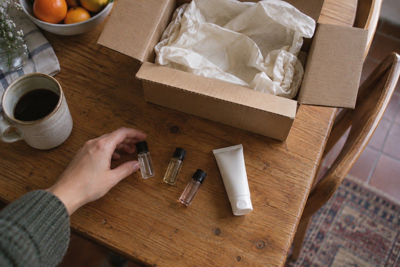 Skincare bottles, a compact and makeup brushes arranged on a bathroom counter