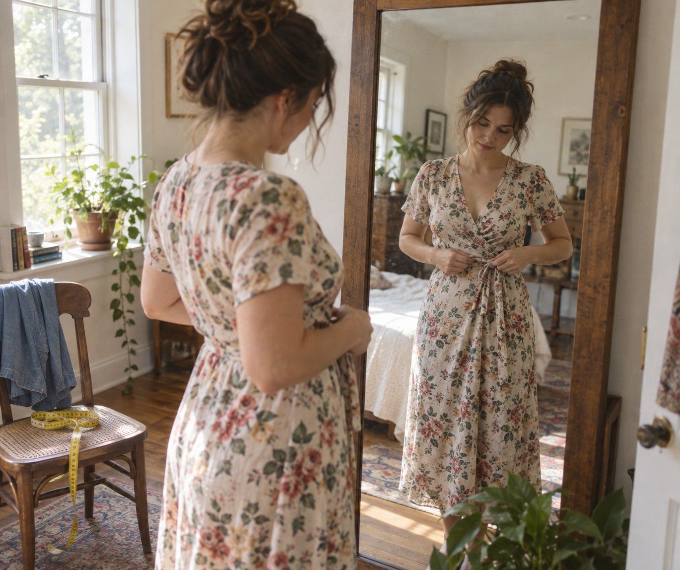 Woman checking the fit of a floral wrap dress in a floor mirror at home