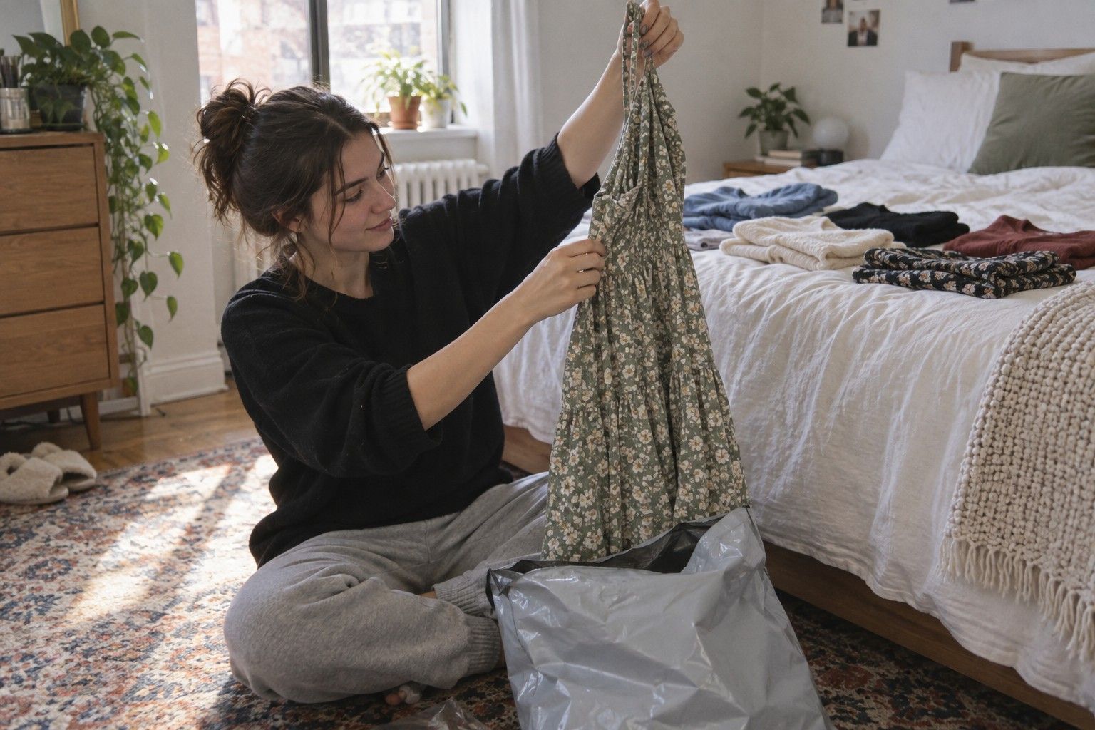 Woman sitting on her bedroom floor unpacking clothes from a grey mailer bag