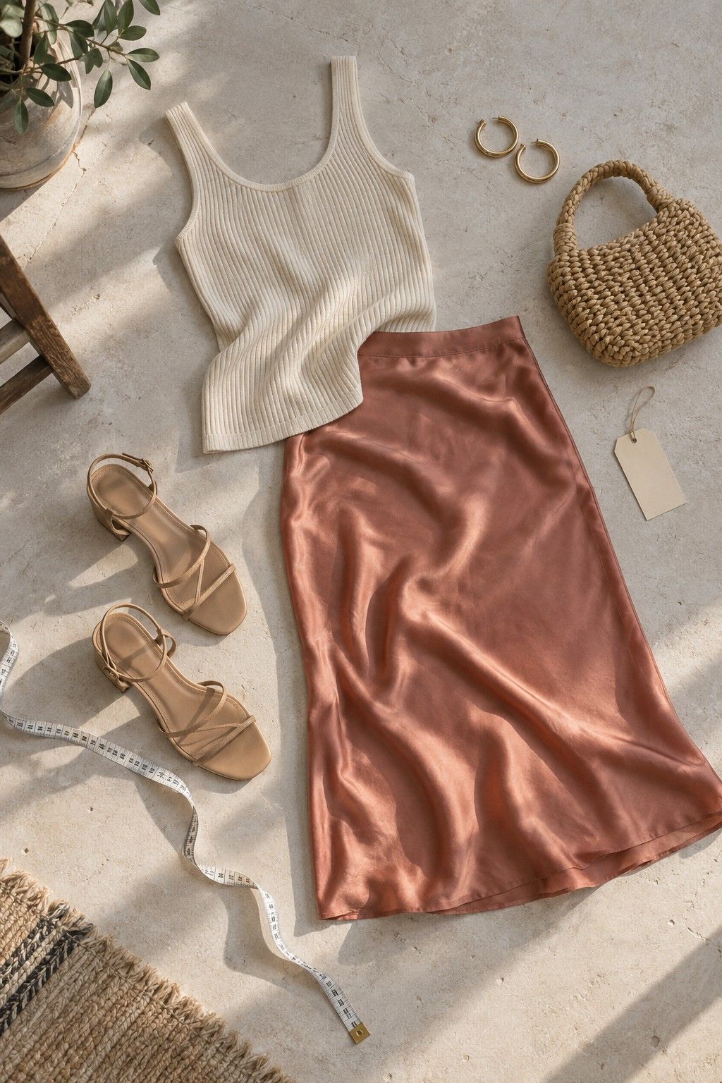 Flat lay of a knit top, satin skirt, sandals and woven bag with a measuring tape