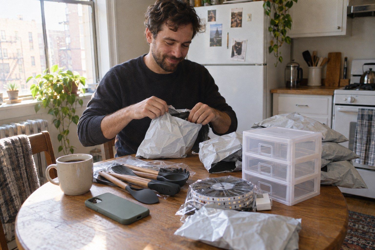 Person at home opening a pile of small parcels of household goods on a table
