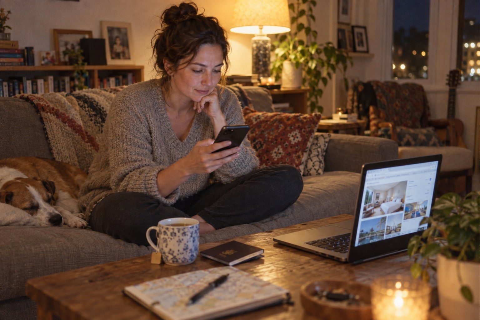 Traveler booking a flight and hotel on a phone while on the road