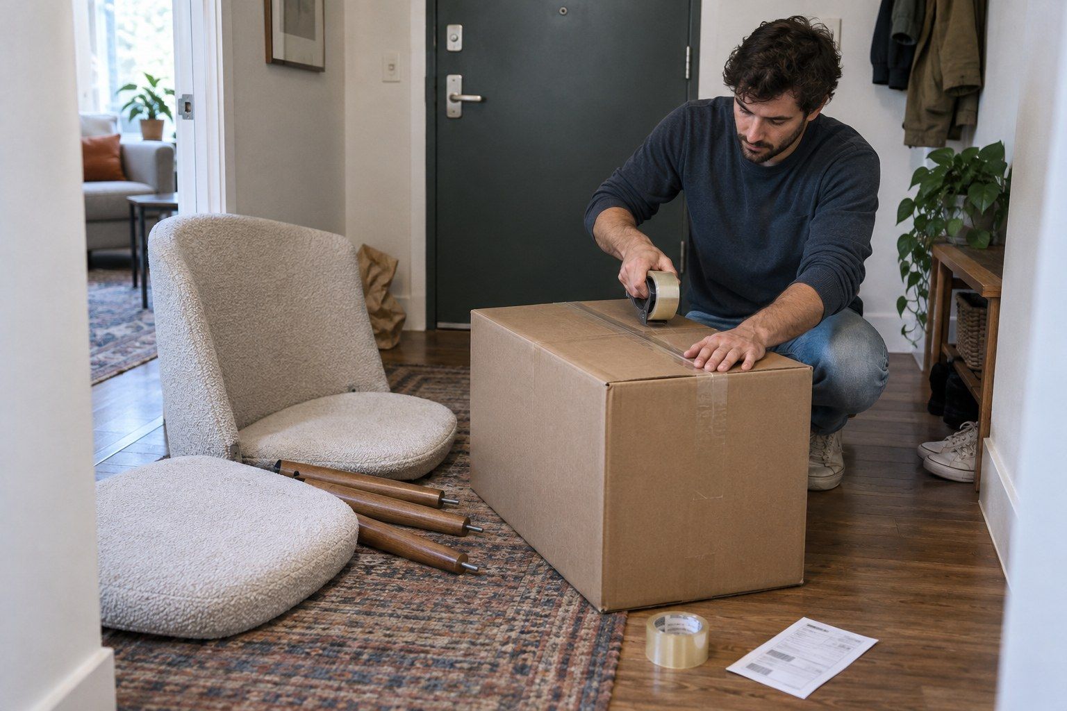 Couple assembling a piece of furniture together in their living room