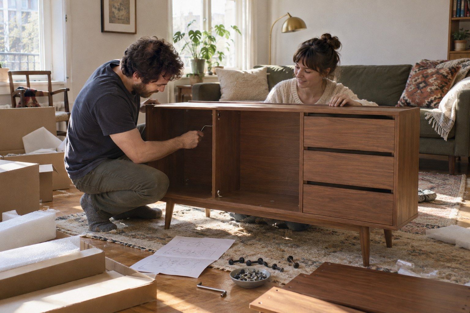 Couple unboxing flat-packed furniture on the floor of their living room