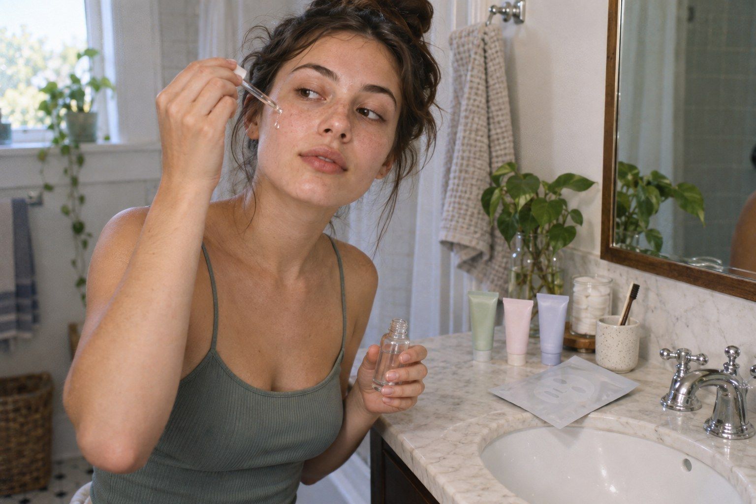 Korean skincare bottles, sheet masks and a cleanser laid out on a bathroom counter